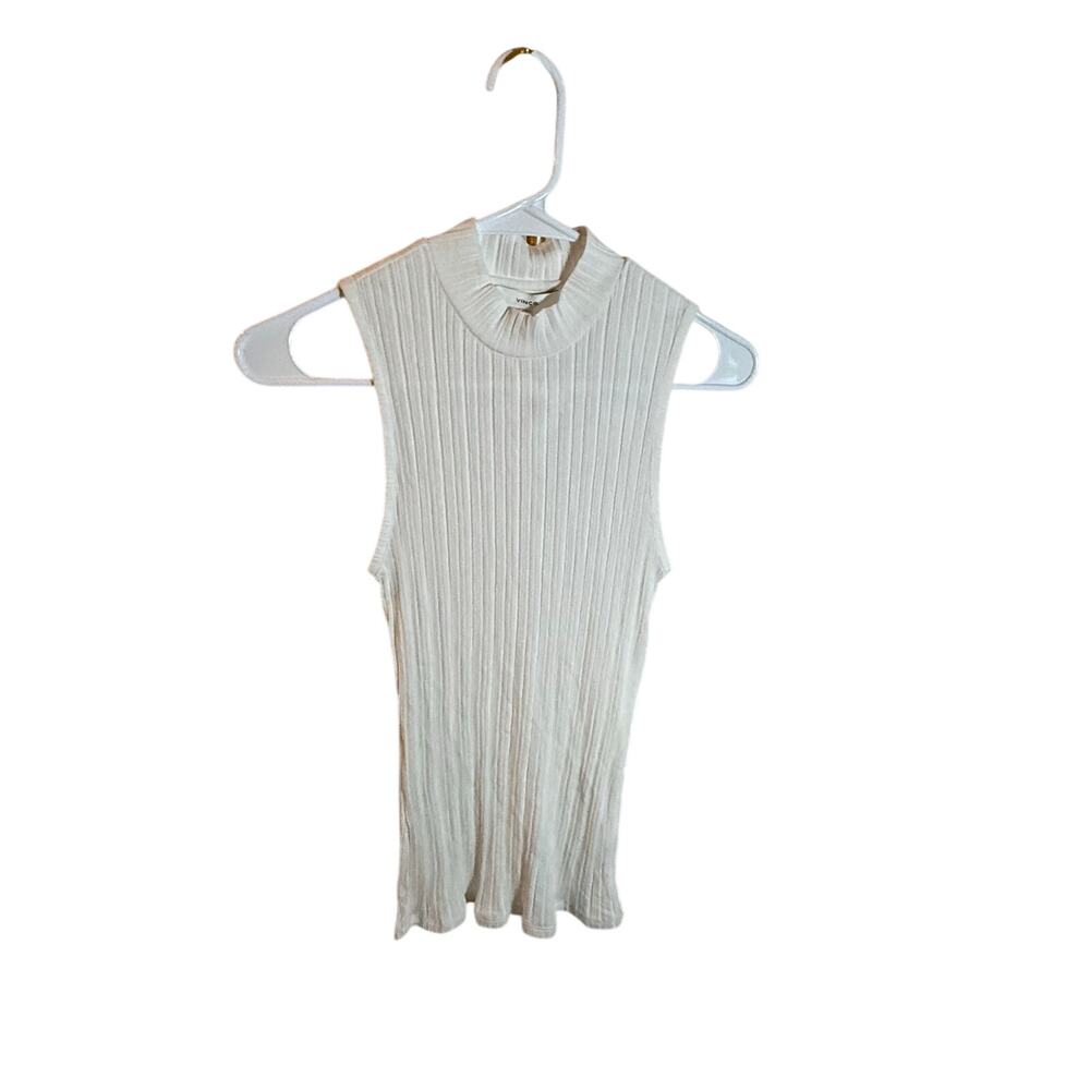 Vince Tank Top Women's Medium Off-White Ribbed Knitted Sleeveless Mock Neck